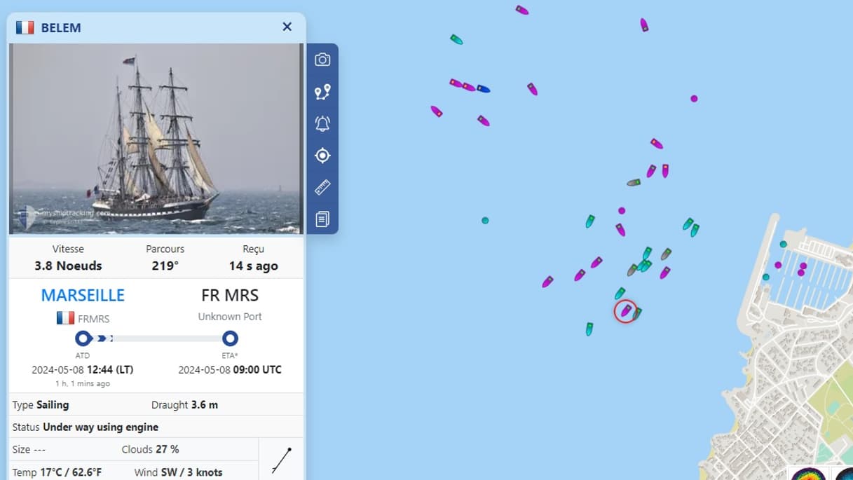 Le suivi du Belem sur myshiptracking, le 8 mai 2024