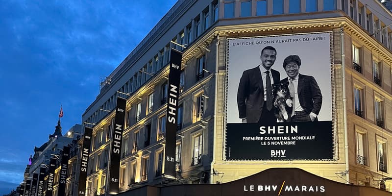 L'affiche sur la façade du BHV pour annoncer l'ouverture du magasin Shein 