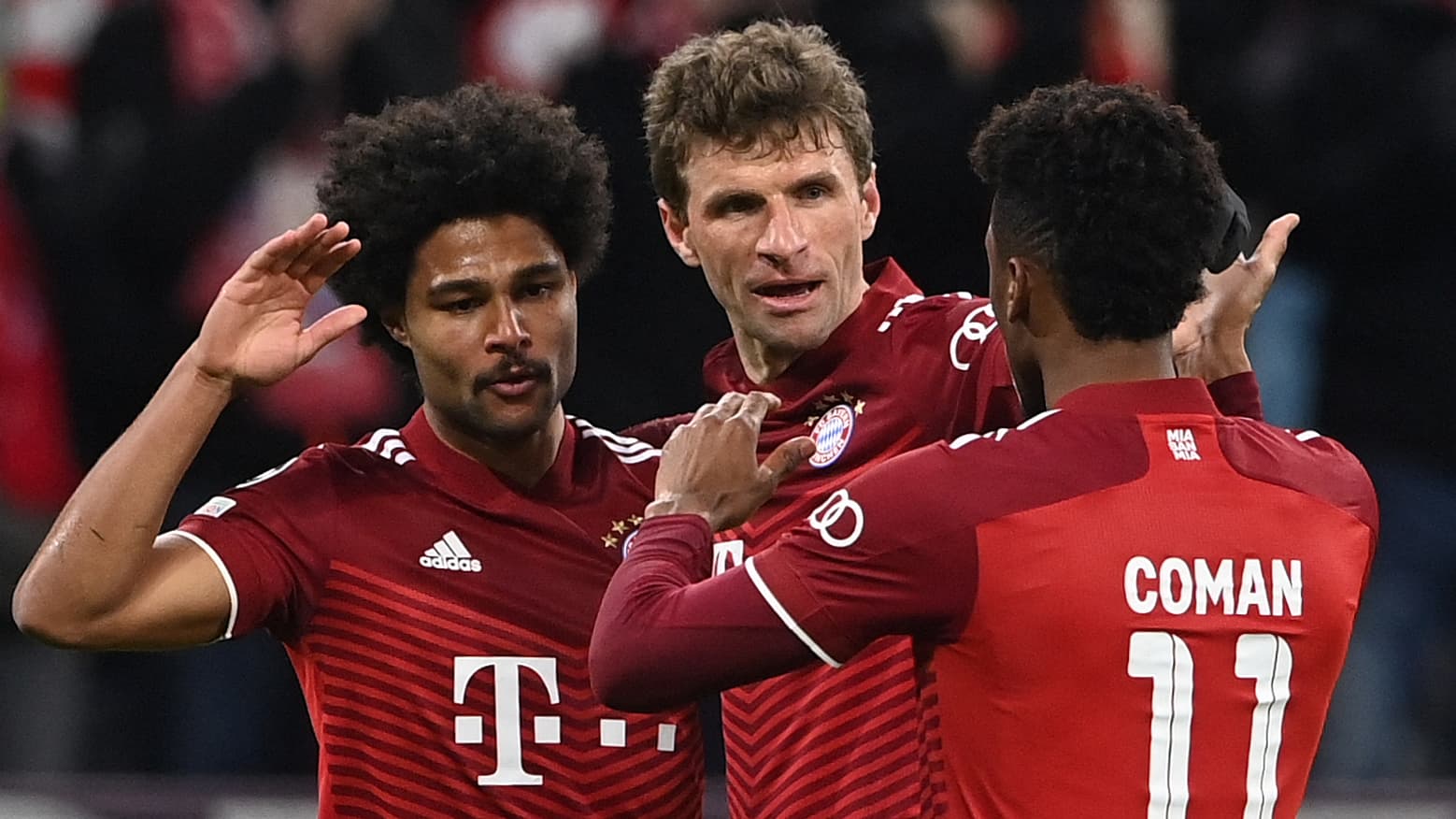Serge Gnabry, Thomas Muller et Kingsley Coman avec le Bayern contre Salzbourg, le 8 mars 2022