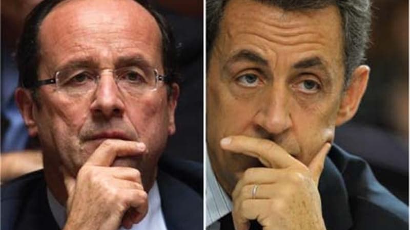 François Hollande l'emporterait avec une nette avance (57%) face à Nicolas Sarkozy (43%) au second tour de la présidentielle, selon un sondage Harris Interactive pour la chaîne LCP-Assemblée nationale diffusé jeudi. /Photos d'archives/REUTERS