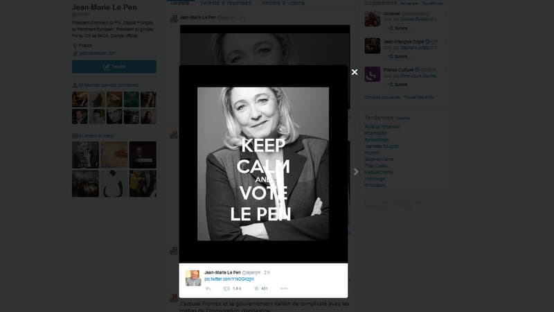 Jean-Marie Le Pen a tweeté une photo de sa fille Marine Le Pen avec un message en anglais dessus appelant à "rester calme" et à voter pour elle.
