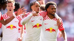 La joie des joueurs de Leipzig lors du match face à Dortmund le 27 avril 2024