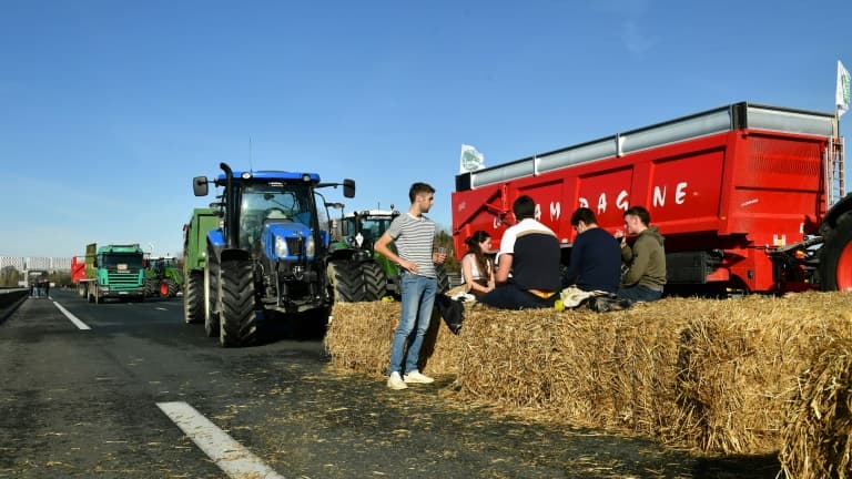 Des agriculteurs bloquent l'autoroute A63 près de Bayonne, le 23 janvier 2024 en Pyrénées-Atlantiques
