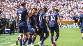 Les joueurs du PSG célèbrent le but d'Ousmane Dembélé lors de la victoire face au Real Madrid (4-0, Coupe du monde des clubs), le 9 juillet 2025