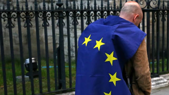 Un manifestant pro U-E enveloppé dans un drapeau de l'Union Européenne dans le centre de Londres le 28 juin 2016