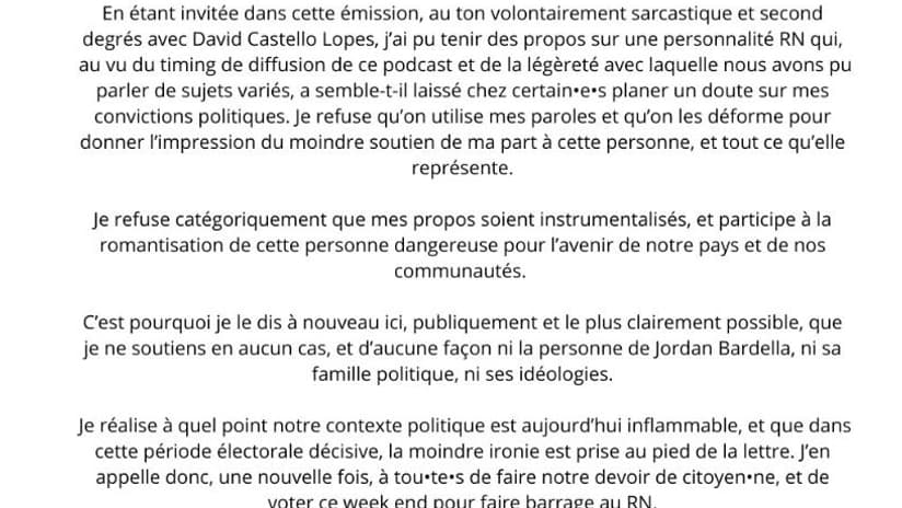 Le communiqué de Nicky Doll sur X, publié le 27 juin 2024.