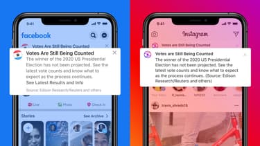 Facebook ajoute un message rappelant que le décompte des voix n'est pas terminé.