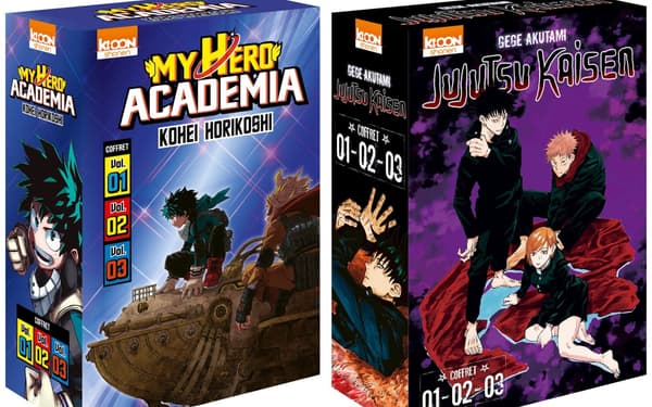 Les coffrets réunissant les premiers tomes des mangas '"My Hero Academia" et "Jujutsu Kaisen"