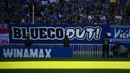 La banderole "BlueCo out" déployée par les supporters strasbourgeois lors du match face à Nantes (1-0, L1), le 24 août 2025