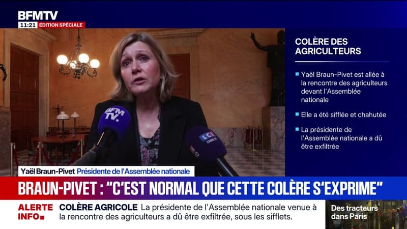 "C'est normal que cette colère s'exprime": Yaël Braun-Pivet s'exprime après avoir été chahutée par les agriculteurs présents devant l'Assemblée nationale