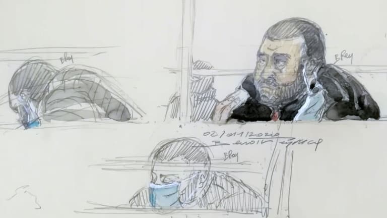 Croquis d'audience d'Ali Riza Polat au Tribunal de Paris lors du procès des attentats de janvier 2015, le 2 décembre 2020