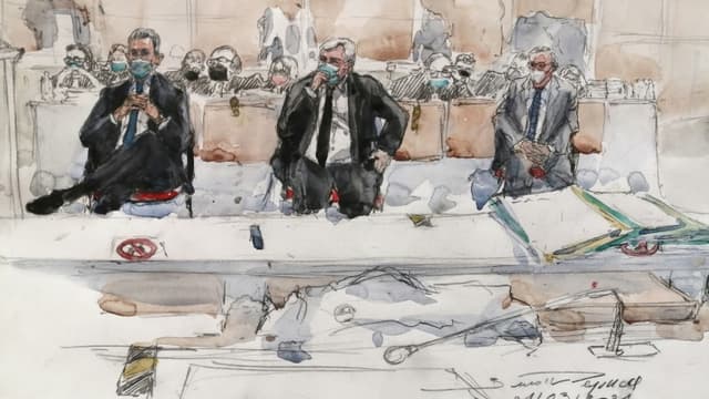 Croquis d'audience réalisé le 1er mars 2021 montrant l'ancien président Nicolas Sarkozy (G), son avocat Thierry Herzog et l'ancien haut-magistrat Gilbert Azibert (D) au tribunal de Paris