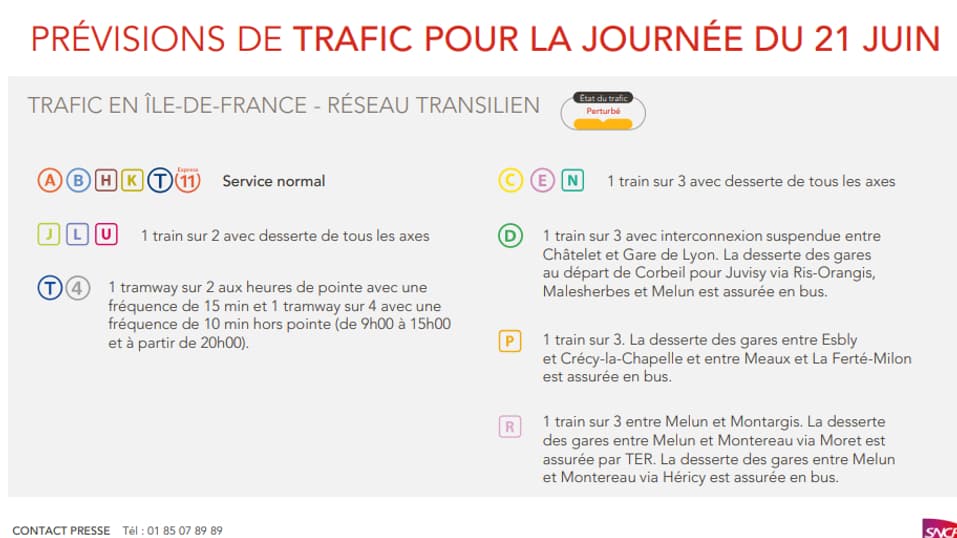 Le trafic sera perturbé en Ile-de-France lundi, suite à un mouvement social local, notamment sur les lignes C, D et E du RER Le trafic sera perturbé en Ile-de-France lundi, suite à un mouvement social local, notamment sur les lignes C, D et E du RER