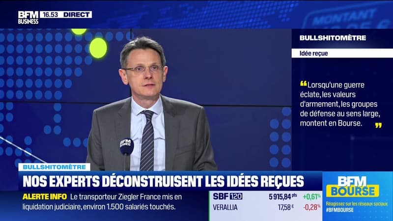 Bullshitomètre : "Lorsqu'une guerre éclate, les valeurs d'armement, les groupes de défense au sens large, montent en Bourse" - FAUX répond François Monnier - 31/03