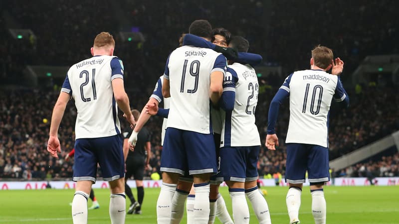 La joie des joueurs de Tottenham après leur victoire contre Manchester United (4-3, League Cup), le 19 décembre 2024