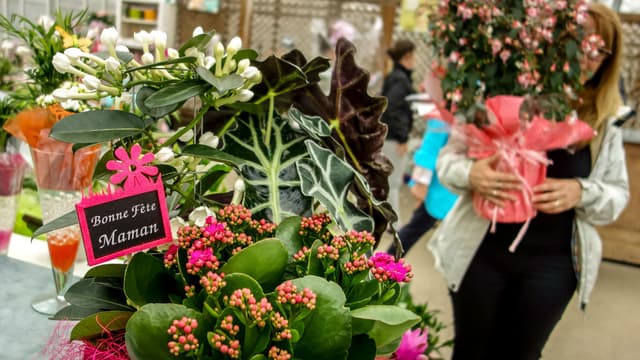 Des gens achètent des fleurs pour la fête des mères, le 29 mai 2016 à Godewaersvelde, dans le nord de la France.