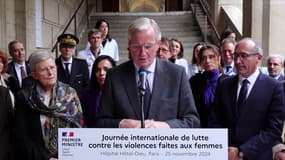 Michel Barnier détaille ses annonces à l'occasion de la Journée de lutte contre les violences faites aux femmes, le 25 novembre 2024, à Paris.