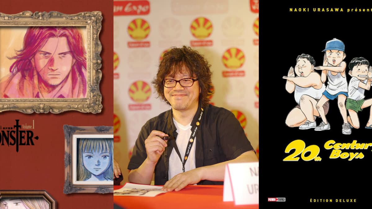 Naoki Urasawa et les couvertures des premiers tomes de Monster et 20th Century Boys. Naoki Urasawa et les couvertures des premiers tomes de Monster et 20th Century Boys.