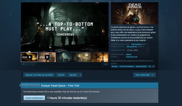 Vous pouvez jouer gratuitement jusqu'à 90 minutes à Dead Space