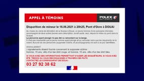 La police du Nord a lancé un appel à témoins après la disparition inquiétante d'un mineur de 15 ans