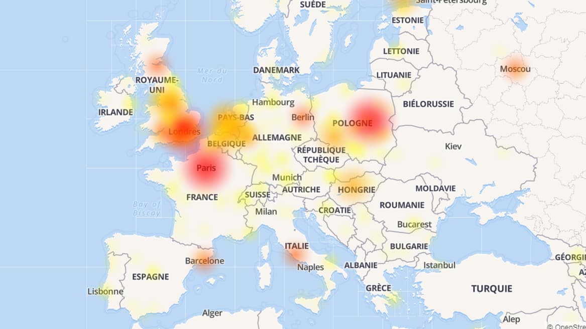 Carte des pannes Facebook en Europe à 14h55