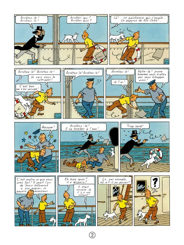 La séquence de la course-poursuite sur le ponton du bateau dans la BD "Les Cigares du Pharaon"