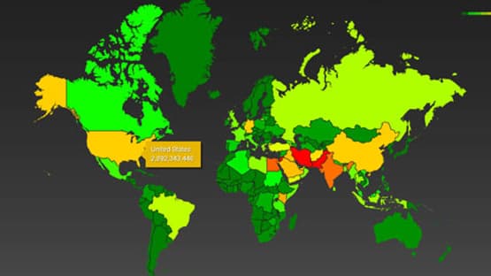 La carte Boundless Informant du volume d'informations recueillies par pays en mars 2012. La carte Boundless Informant du volume d'informations recueillies par pays en mars 2012.
