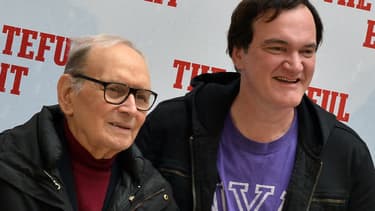 Le compositeur Ennio Morricone et le réalisateur Quentin Tarantino à la première des "Huits salopard", à Rome, en janvier 2016