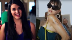 Rebecca Black en 2011, dans le clip de "Friday", et dans la vidéo de son titre "TRUST!", sortie en octobre 2024