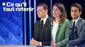 Jordan Bardella, Marine Tondelier et Gabriel Attal, lors de la soirée "Face à BFM" du mercredi 3 juillet 2024