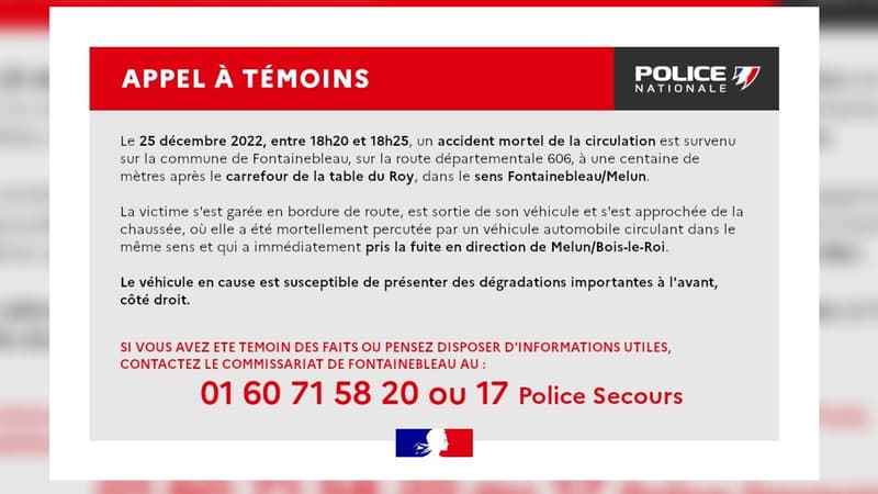 La police nationale de Seine-et-Marne a lancé un appel à témoins après un accident mortel à Fontainebleau, le 25 décembre dernier.