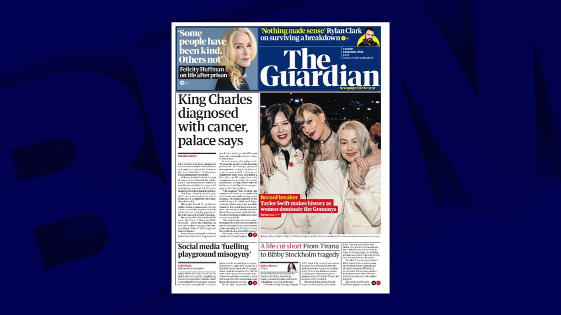 La une du Guardian, ce mardi 6 février 2024, au lendemain de l'annonce du cancer de Charles III