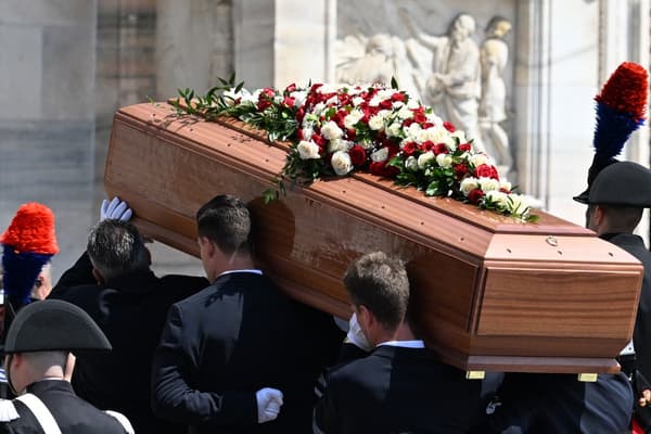 Silvio Berlusconi's coffin at his funeral on June 14, 2023 in Milan