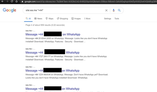 Une simple recherche Google pouvait renvoyer à des numéros WhatsApp. Une simple recherche Google pouvait renvoyer à des numéros WhatsApp.