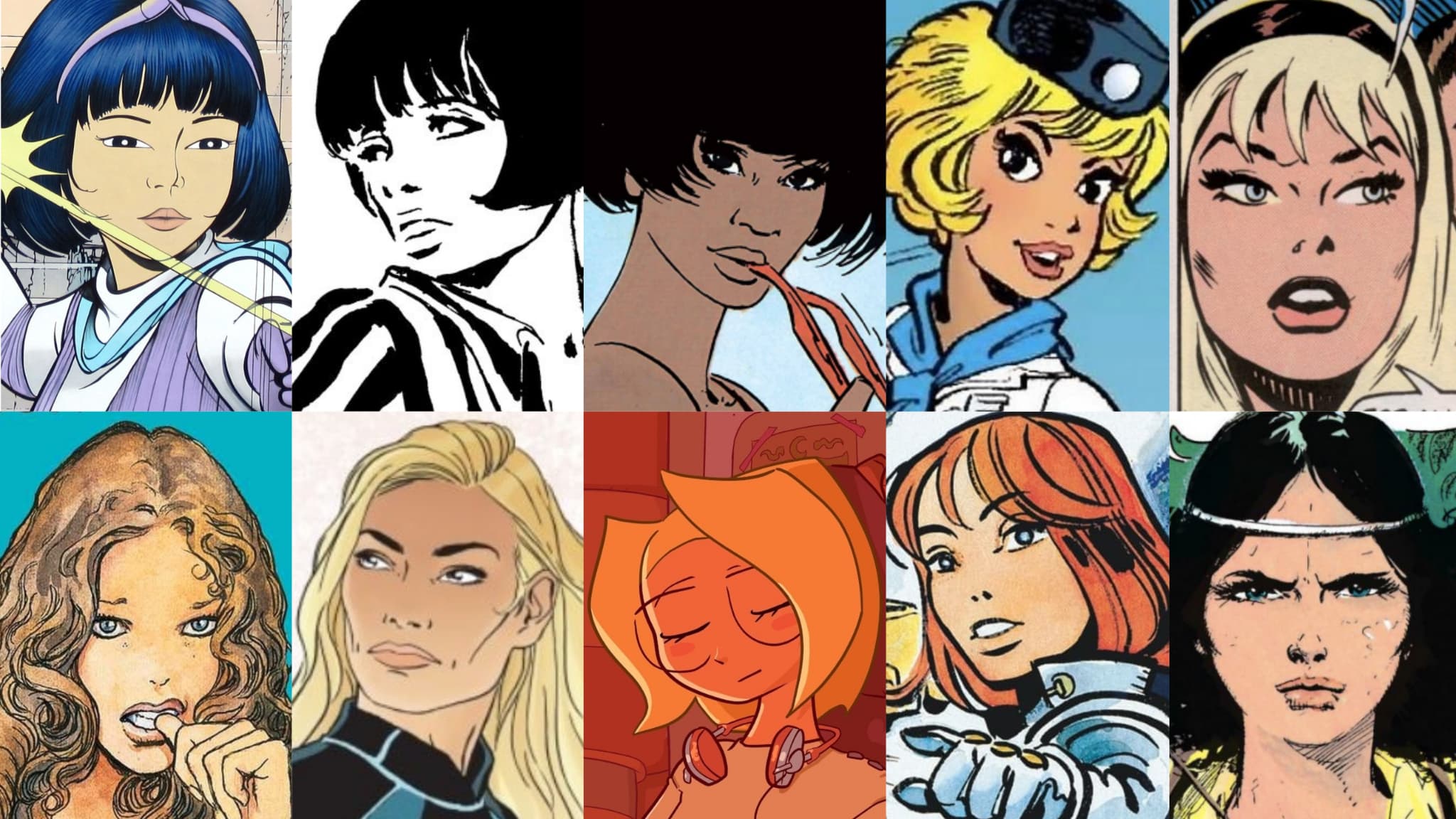 Des héroïnes de BD sans nez: Yoko Tsuno, Valentina, Jones, Natacha, Gwen Stacy, deux personnages signés Manara et Philippe Francq, Lou, Laureline et Kriss de Valnor