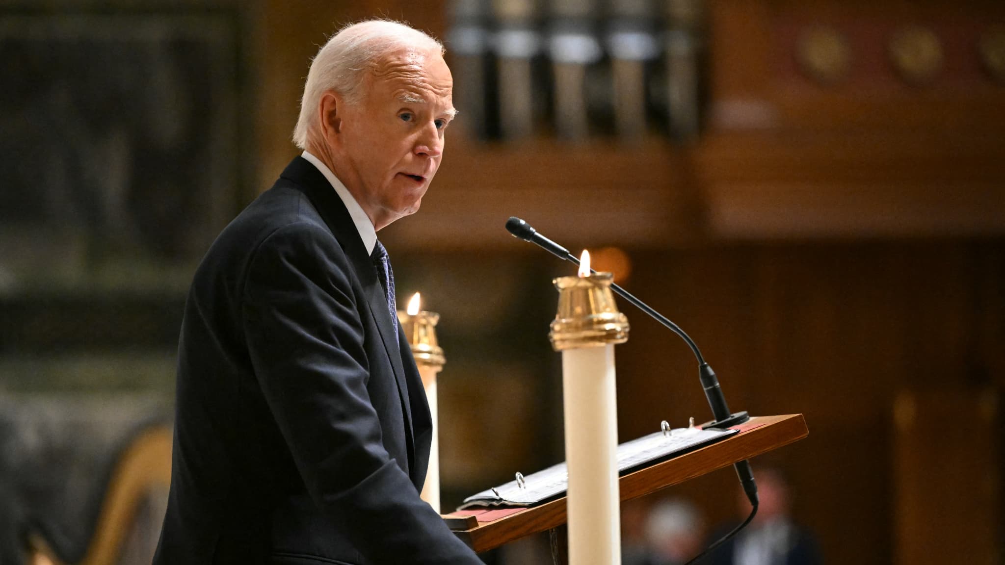 Le président américain Joe Biden lors de son éloge funèbre à Ethel Kennedy à Washington mercredi 16 mars 2024