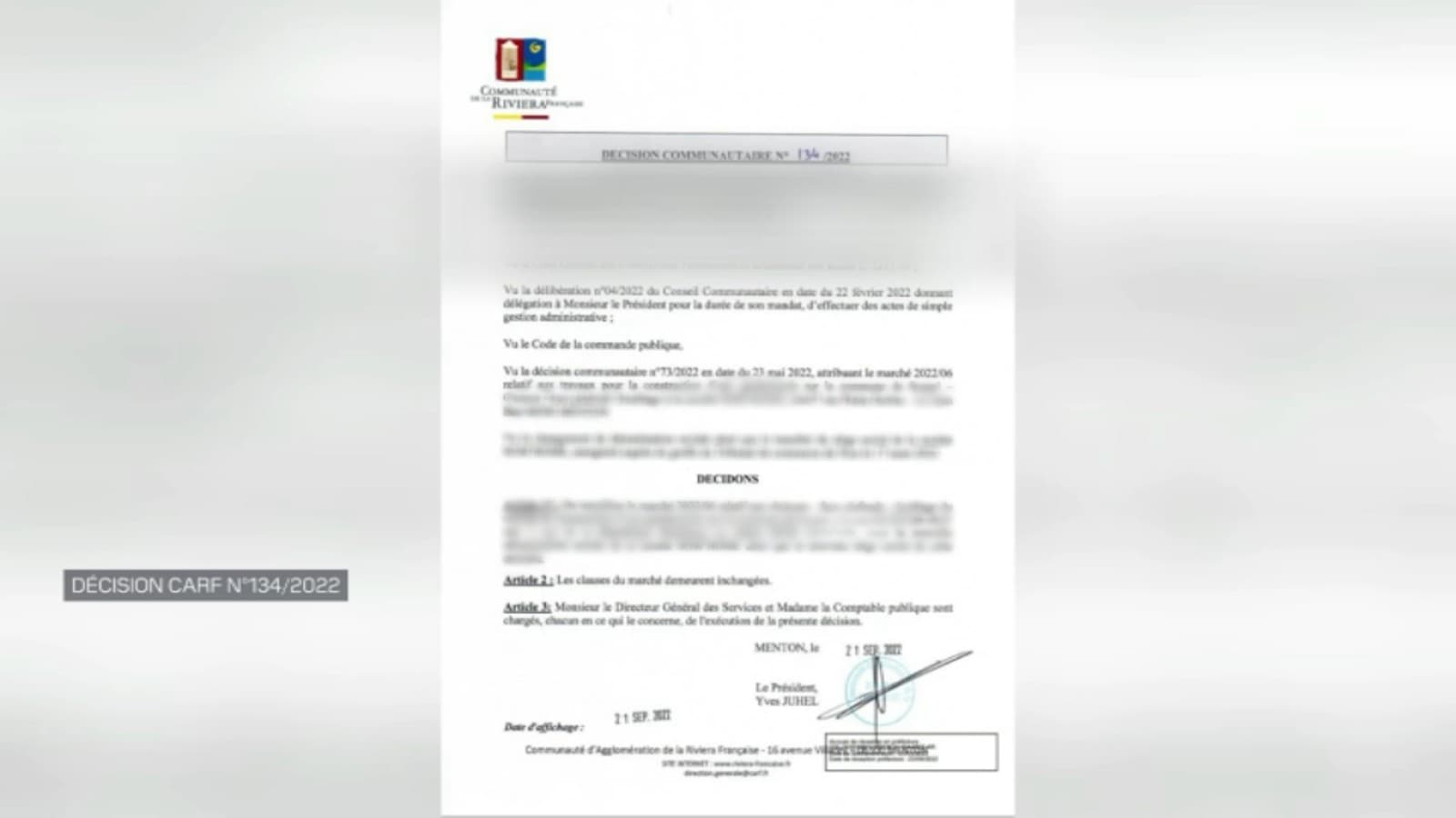 La signature du maire de Menton sur un document officiel.