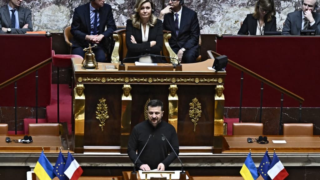 Le président ukrainien Volodymyr Zelensky à l'Assemblée nationale ce vendredi 7 juin 2024 Le président ukrainien Volodymyr Zelensky à l'Assemblée nationale ce vendredi 7 juin 2024