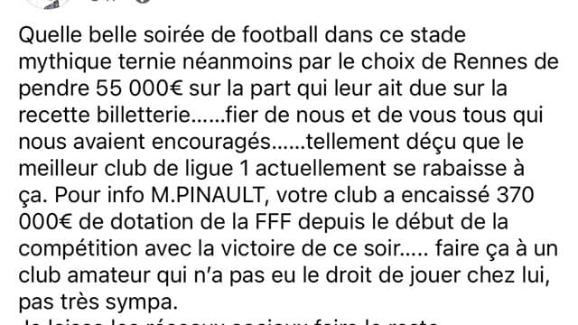 Le message de Philippe Thiebault, directeur financier du Puy, sur Facebook contre Rennes, le 29 février 2024