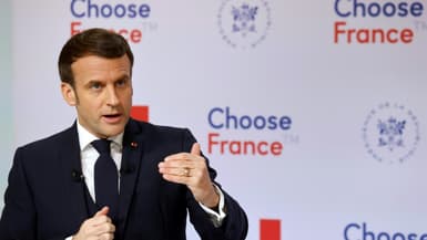 Le président français Emmanuel Macron lors d'une conférence vidéo à l'Elysée, à Paris, pour l'ouverture du précédent sommet "Choose France", le 25 janvier 2021.
