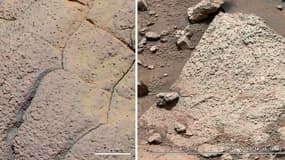 Images comparatives d'éléments rocheux de la planète Mars, avec à gauche une image du robot Opportunity de la NASA et à droite du robot Curiosity, photographiés respectivement dans le cratère Endurance et la baie de Yellowknife, dans le cratère Gale. Sept