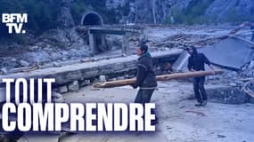 Des sinistrés en train de déblayer les débris après les intempéries dans les Alpes-Maritimes.