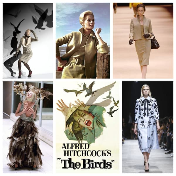 Un extrait et l'affiche des Oiseaux (centre). Des défilés Galliano, Alexander McQueen, Rochas. Un extrait et l'affiche des Oiseaux (centre). Des défilés Galliano, Alexander McQueen, Rochas.
