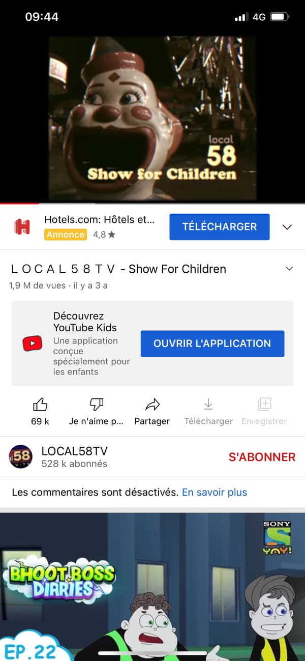 Vidéo horrifique "Show for Children" recommandée aux enfants par Youtube.