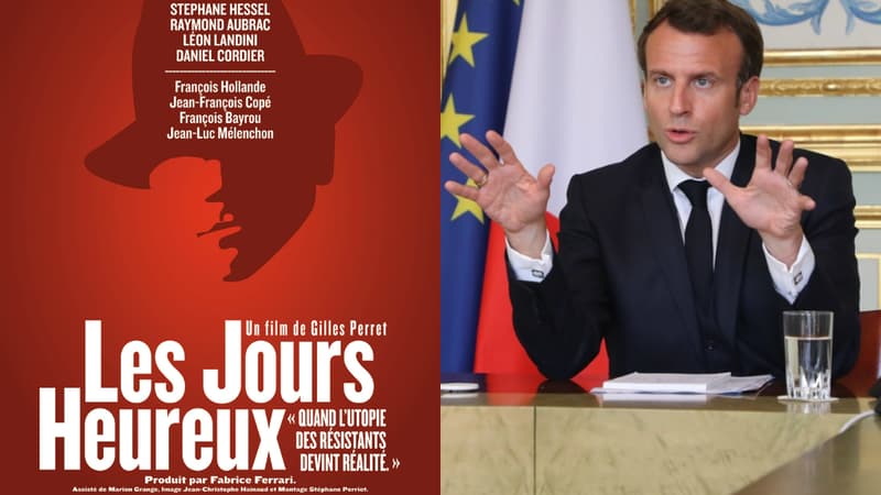 Emmanuel Macron et l'affiche du film Les Jours heureux