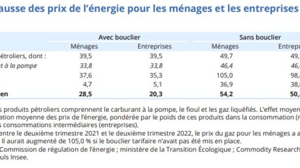 Hausse des prix de l'énergie pour les ménages et les entreprises avec et sans bouclier tarifaire Hausse des prix de l'énergie pour les ménages et les entreprises avec et sans bouclier tarifaire
