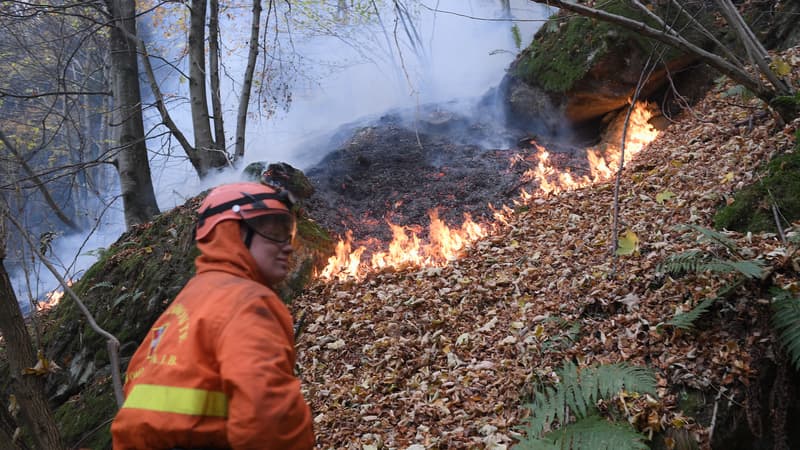 Des pompiers volontaires luttent contre un incendie près de Ribordone, au nord de Turin (Italie), le 30 octobre 2017 (photo d'illustration).