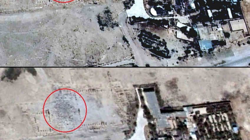 Le temple de Baal Shamin, avant et après sa destruction par l'EI, à Palmyre. Le temple de Baal Shamin, avant et après sa destruction par l'EI, à Palmyre.