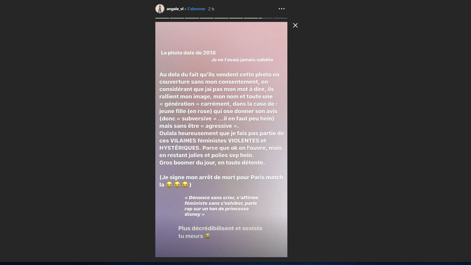 La story d'Angèle sur Instagram