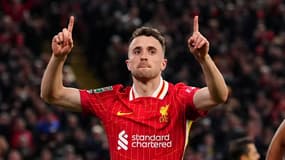 Diogo Jota célèbre son but lors du match Liverpool-West Ham (5-1, League Cup), le 25 septembre 2025